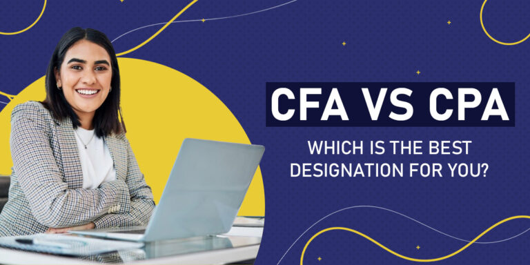 A Lady with formal Cloth using Laptop and CFA VS CPA WHICH IS THE BEST DESIGNATION FOR YOU? is written.